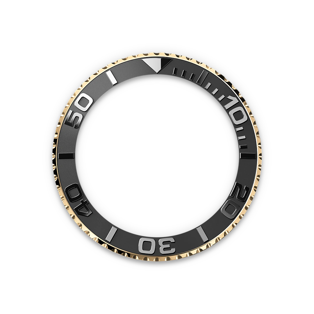 m226658-0001-bezel-landscape | Brela Diver-style circular watch bezel with black face and gold knurled edge displaying 10, 20, 30, 40, 50 marks (no watch hands) | Brela