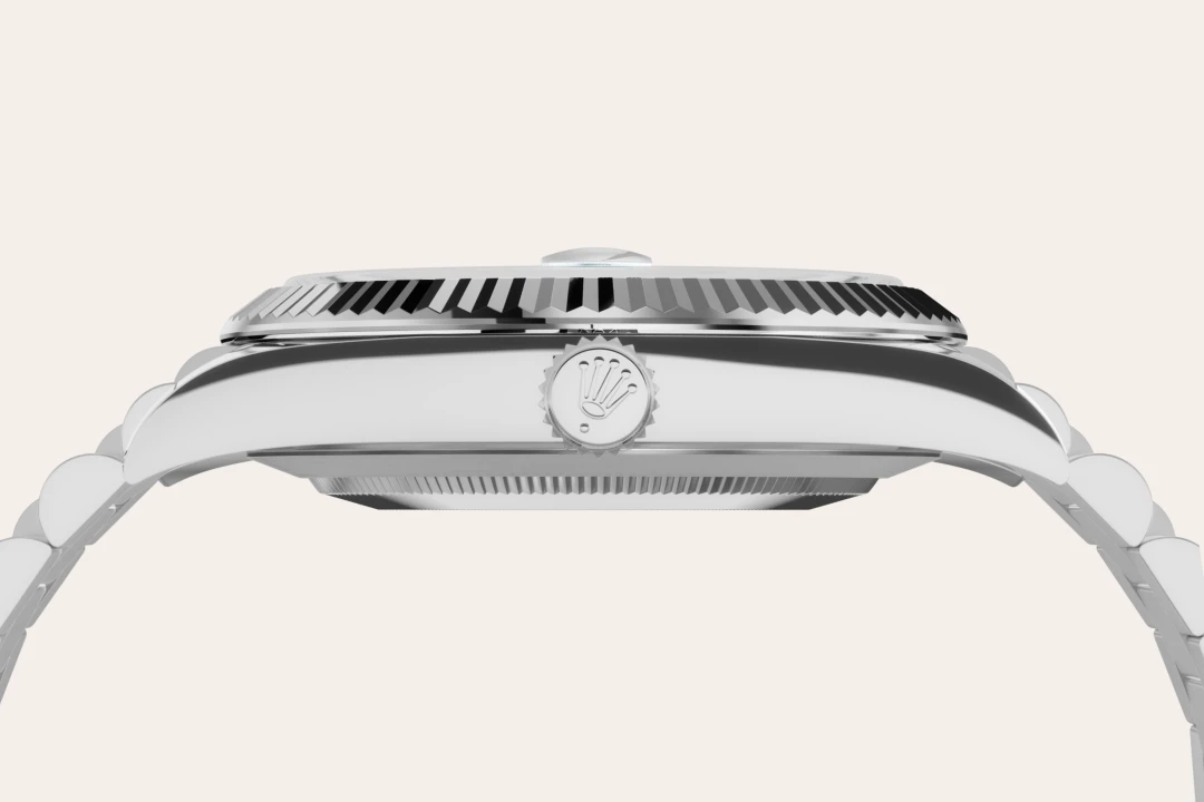 m228236-0018-material-landscape | Brela Side view of a polished stainless steel watch with a fluted bezel and crown bearing the Rolex emblem. | Brela