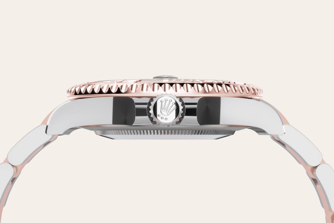 m268621-0003-material-landscape | Brela Close-up of a two-tone wristwatch side view, rose-gold bezel and crown with Rolex logo | Brela