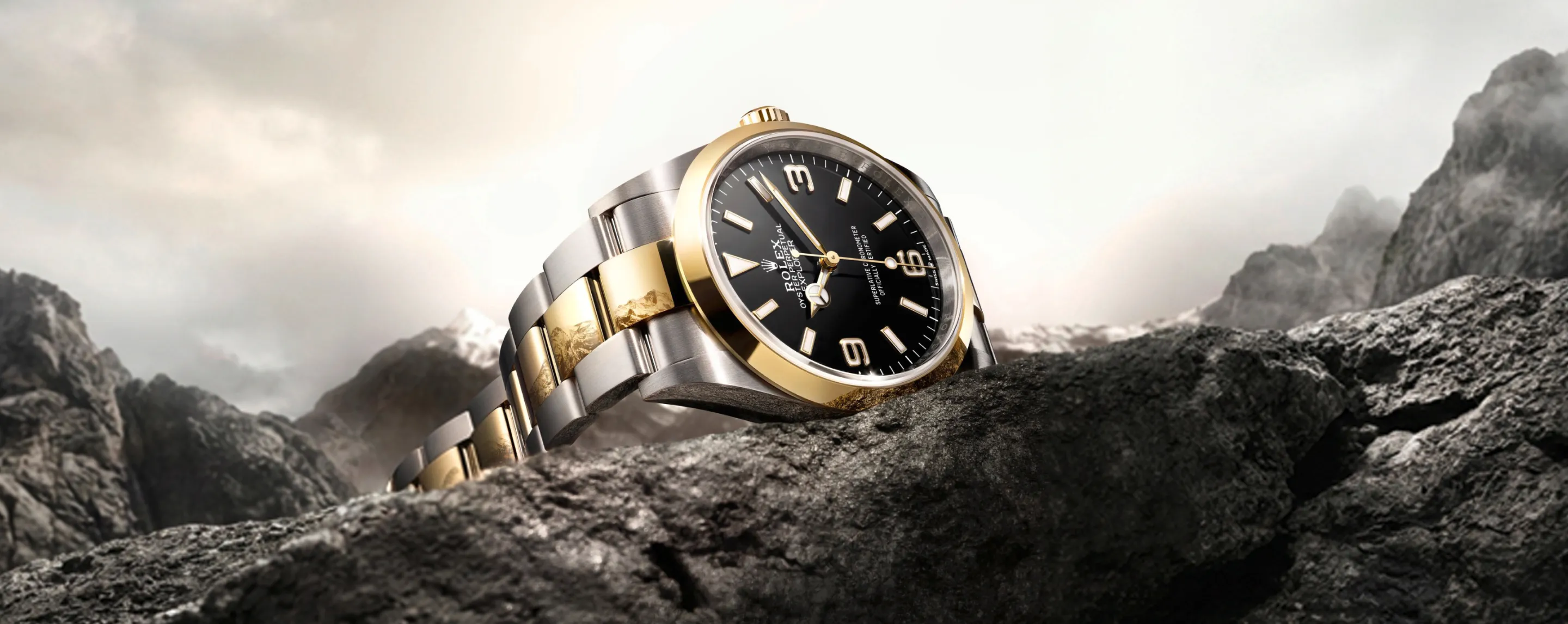 rolex-explorer-ambiance-m124273-0001-landscape Two-tone metal wristwatch (gold and silver) resting on rugged rocky terrain with a cloudy sky in the background.