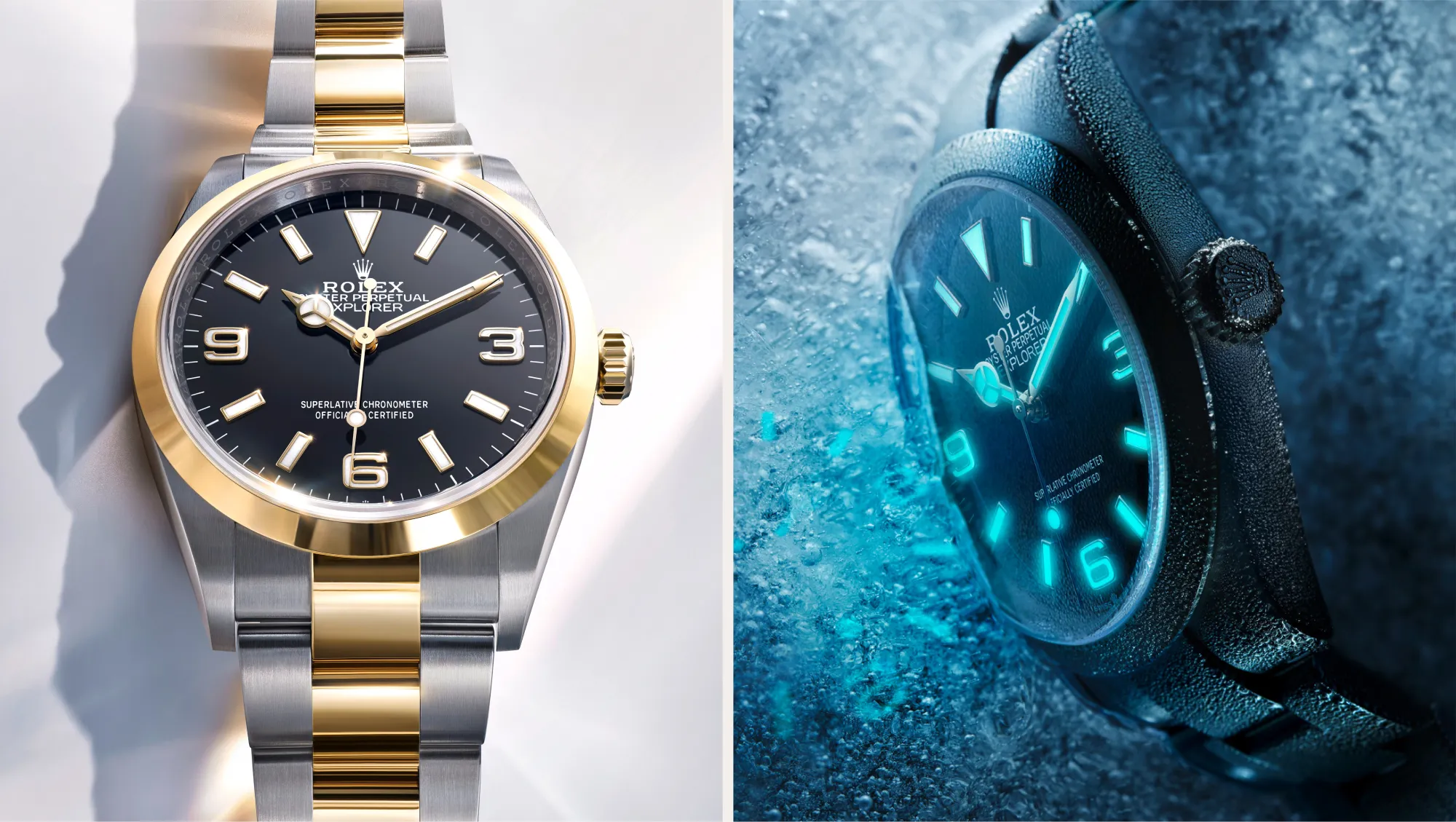 rolex-explorer-designed-for-exploration-m124273-0001-and-m124270-0001-landscape Split-screen Rolex Explorer: left shows a two-tone gold-and-silver bracelet with a black dial; right shows the same watch in a blue icy setting with glowing numerals.