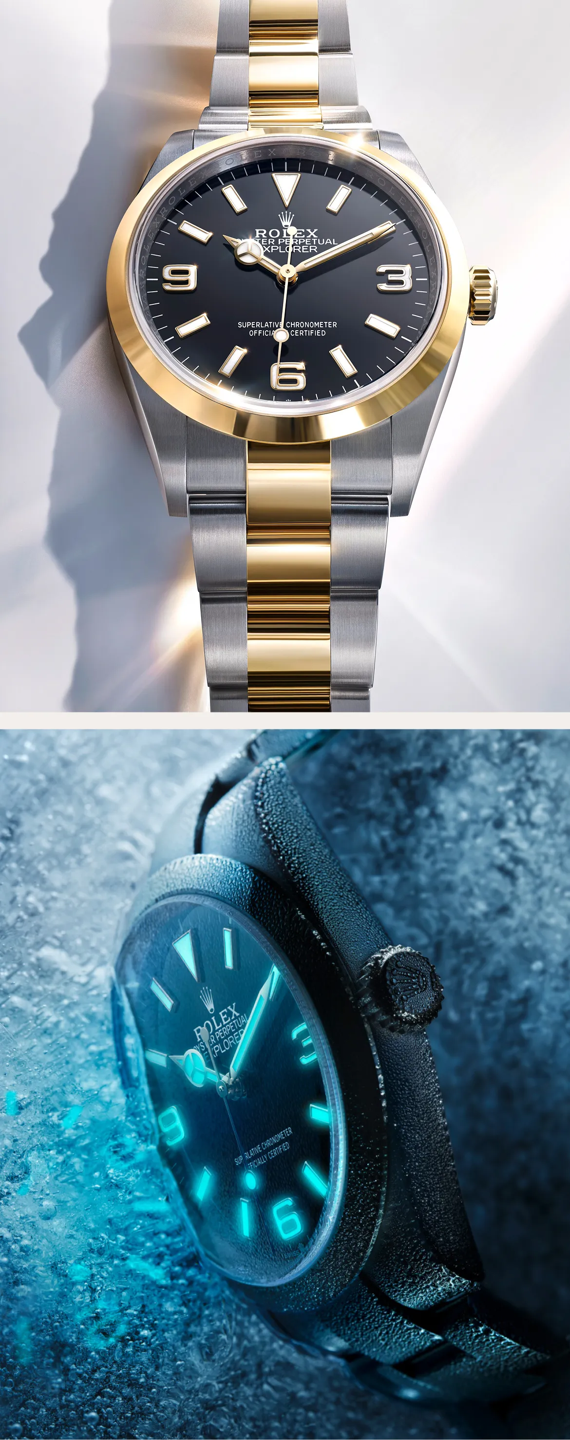 rolex-explorer-designed-for-exploration-m124273-0001-and-m124270-0001-portrait Two-tone Rolex Oyster Perpetual Explorer watch with black dial, gold bezel, and stainless-steel and gold bracelet contrast siting against a light background.