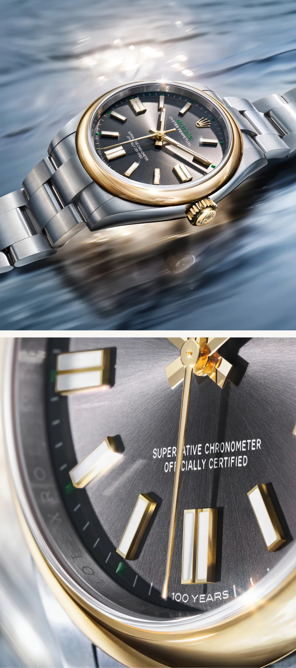 rolex-oyster-perpetual-100th-anniversary-model-m134303-0001-portrait Two-panel image: a silver-and-gold Rolex watch reflected on water, with a dark dial and gold hour markers on the top panel; bottom panel shows a close-up of the dial with the text 'SUPERLATIVE CHRONOMETER OFFICIALLY CERTIFIED' and gold hands.