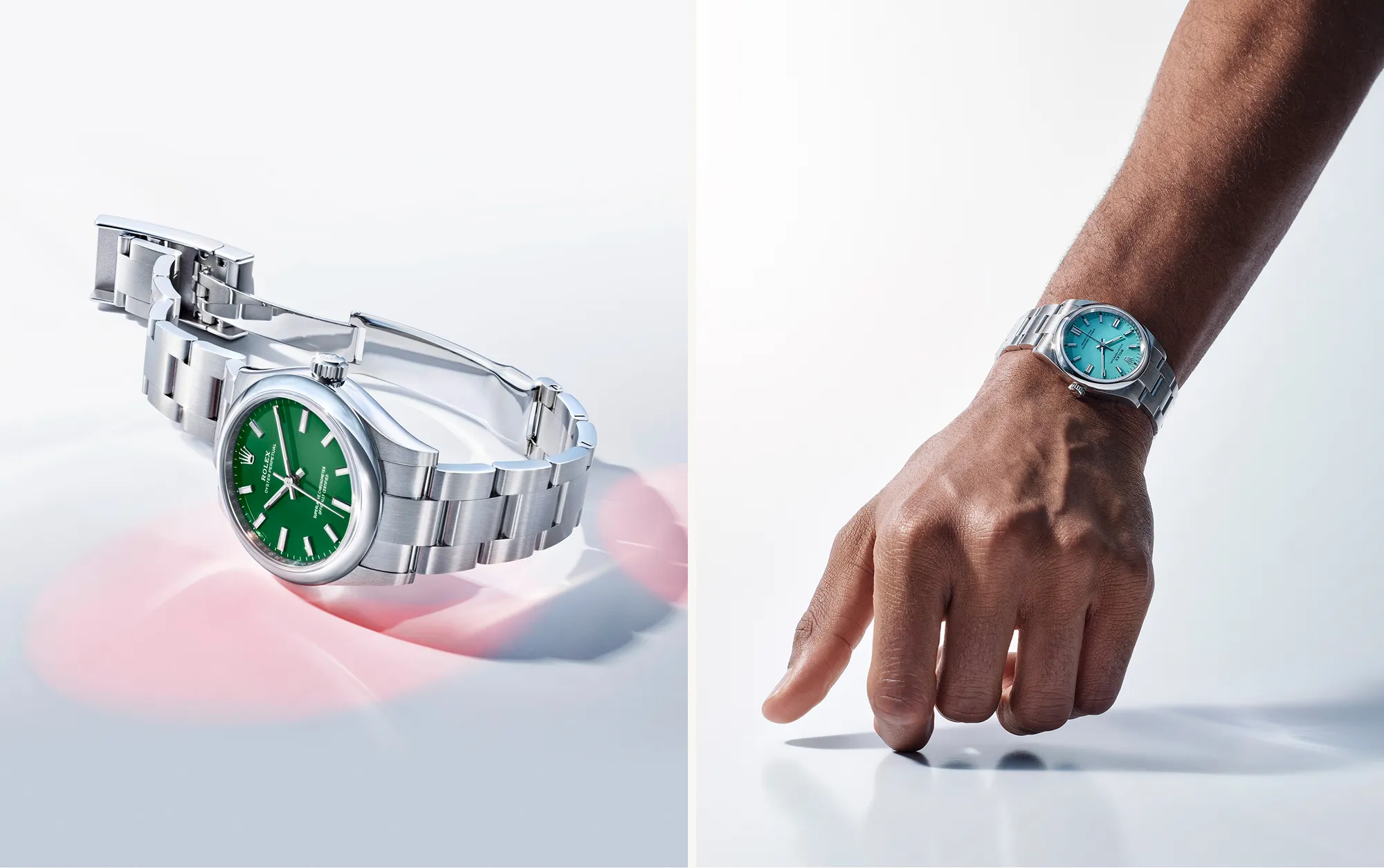 rolex-oyster-perpetual-reliability-and-precision-m277200-0006-and-m126000-0006-landscape Split-screen image showing two stainless steel watches: a green-dial watch on the left and a turquoise-dial watch worn on a wrist on the right.