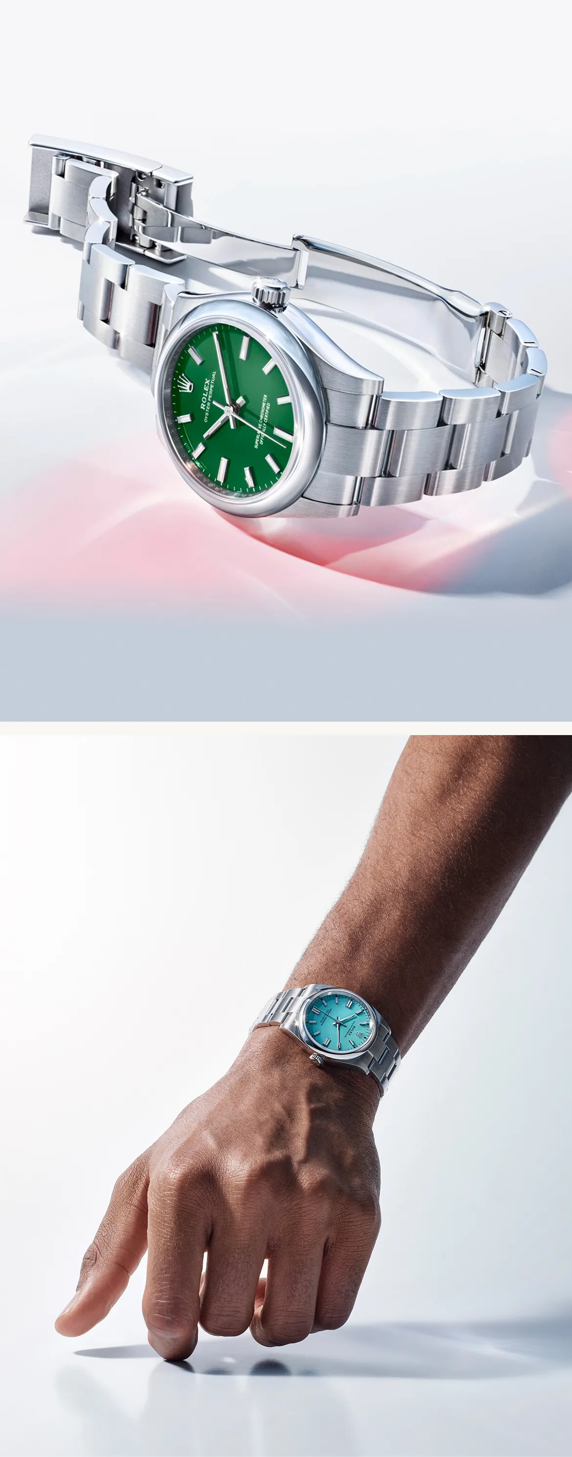 rolex-oyster-perpetual-reliability-and-precision-m277200-0006-and-m126000-0006-portrait Two luxury stainless steel wristwatches: a foreground green-dial model and a turquoise-dial model on a wearer’s wrist.