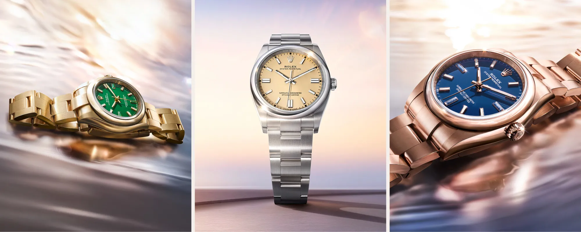 rolex-oyster-perpetual-timeless-m276208-0002-and-m126000-0012-and-m124205-0002-landscape Triptych of luxury Rolex watches: gold with green dial on the left, stainless steel with beige dial in the center, and rose‑gold with blue dial on the right.