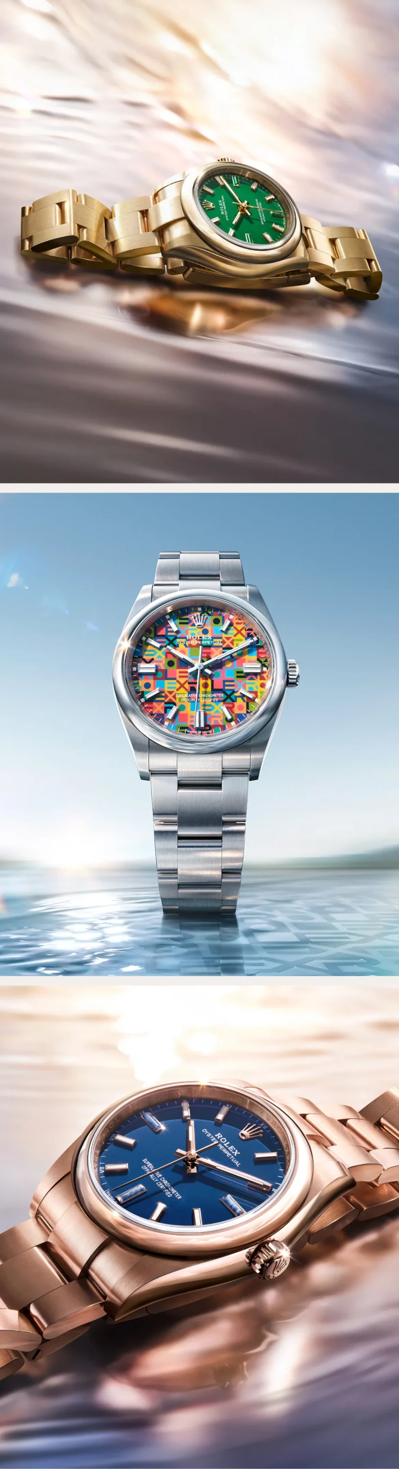 rolex-oyster-perpetual-timeless-m276208-0002-and-m126000-0012-and-m124205-0002-portrait Vertical collage of three luxury watches: top gold watch with green dial on reflective surface, middle silver watch with a colorful patterned dial, bottom rose-gold watch with blue dial.