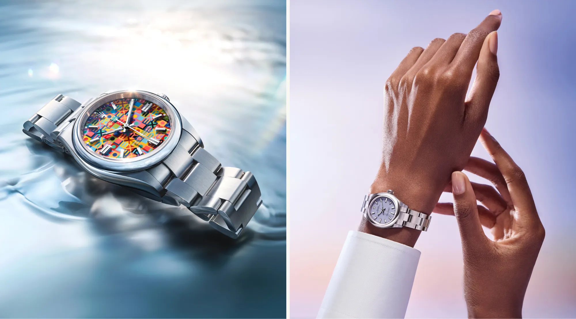 rolex-oyster-perpetual-universal-classic-style-m126000-0016-and-m276200-0008-landscape Split-screen image showing two luxury watches: a colorful dial floating in water on the left, and a silver bracelet watch worn on a model’s wrist on the right.