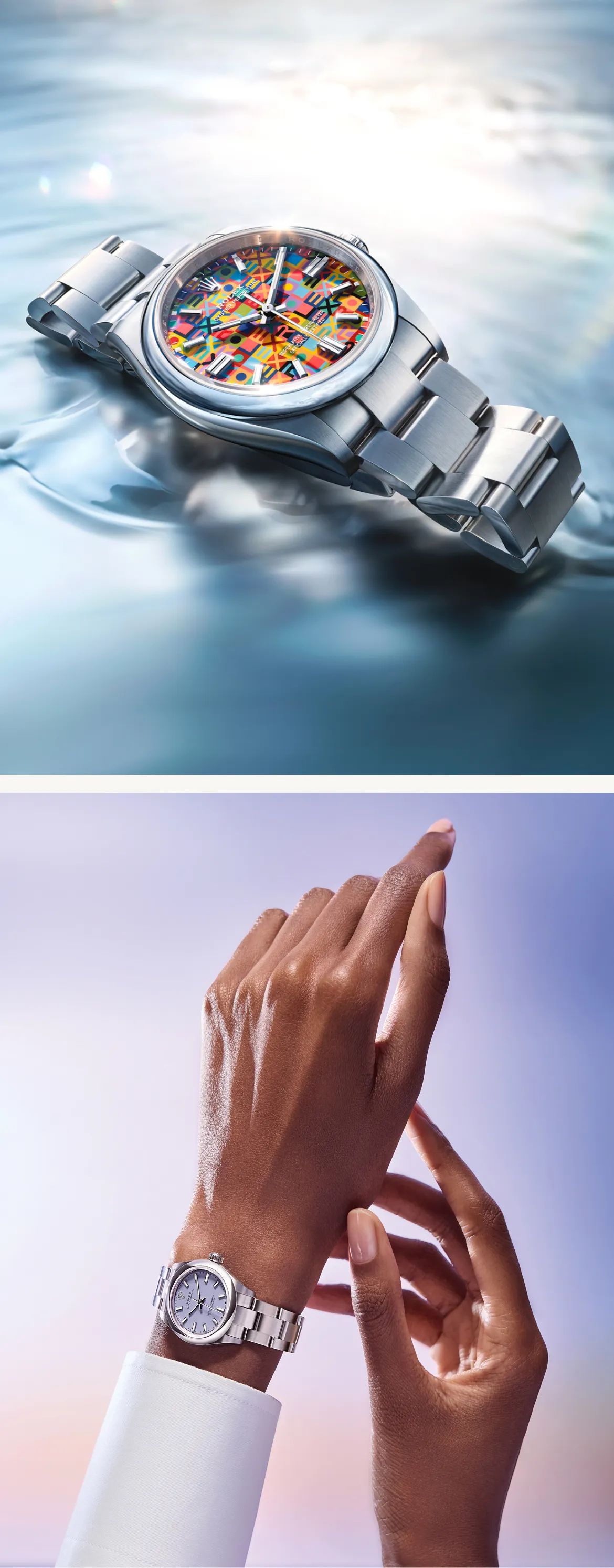 rolex-oyster-perpetual-universal-classic-style-m126000-0016-and-m276200-0008-portrait Two silver watches shown in a split image: a colorful patterned dial resting on water in the top half and a silver watch on a hand in the bottom half.