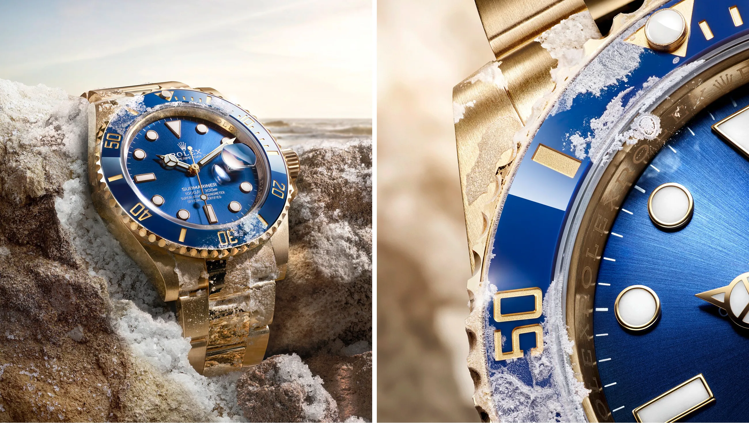 Blue and gold Rolex Submariner watch set in icy rocks, full shot on left with ocean in background and close-up detail on the right panel