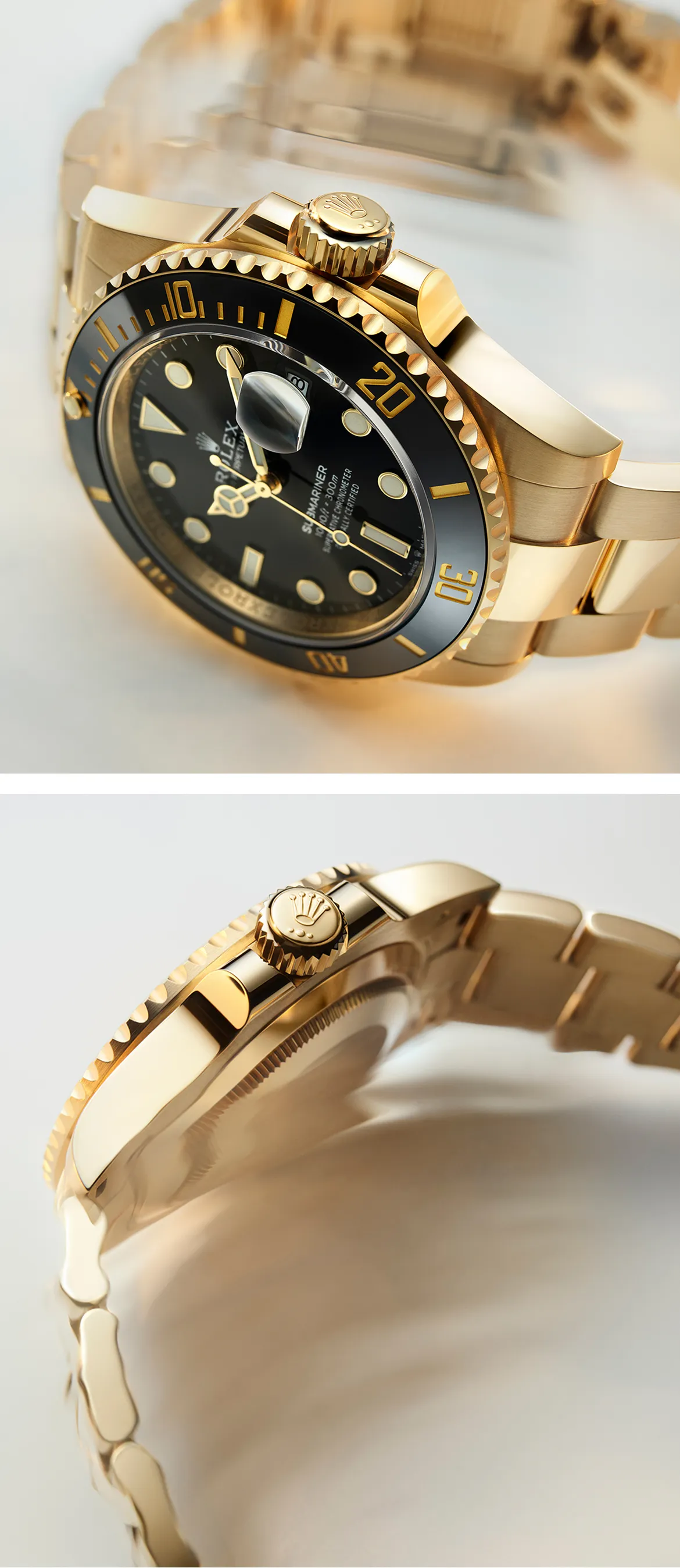 Close-up of a gold Rolex watch with black dial and rotating bezel, showcased on a light surface.