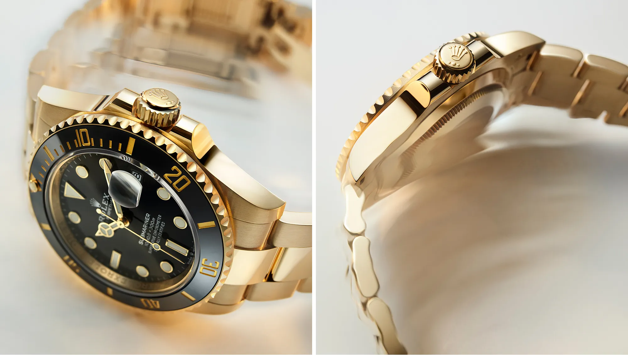 Close-up of a gold Rolex watch with black dial, crown, and a textured bezel, highlighting the luxury timepiece details.