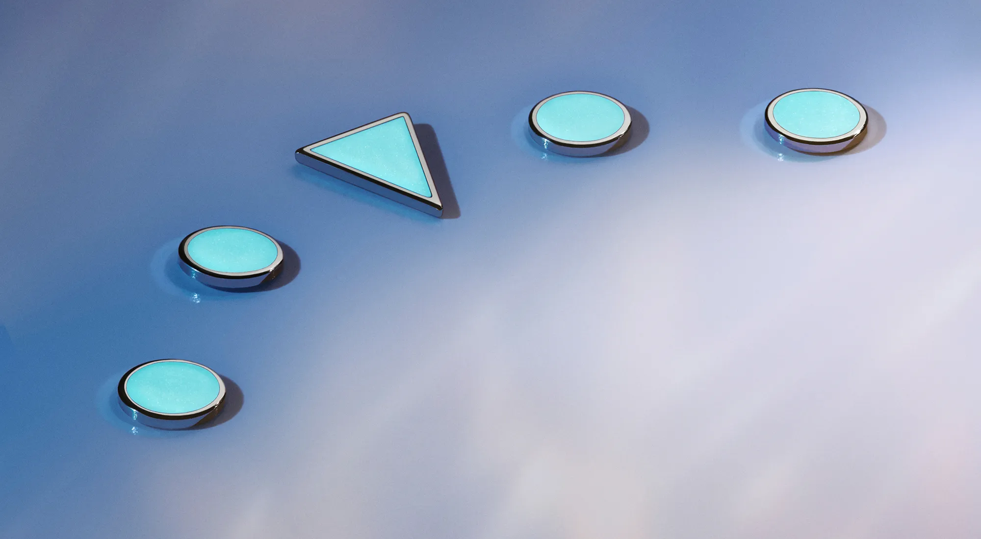 rolex-yacht-master-chromalight-landscape Blue gradient surface with five teal circular buttons and a teal right-pointing triangle, arranged diagonally across the wall