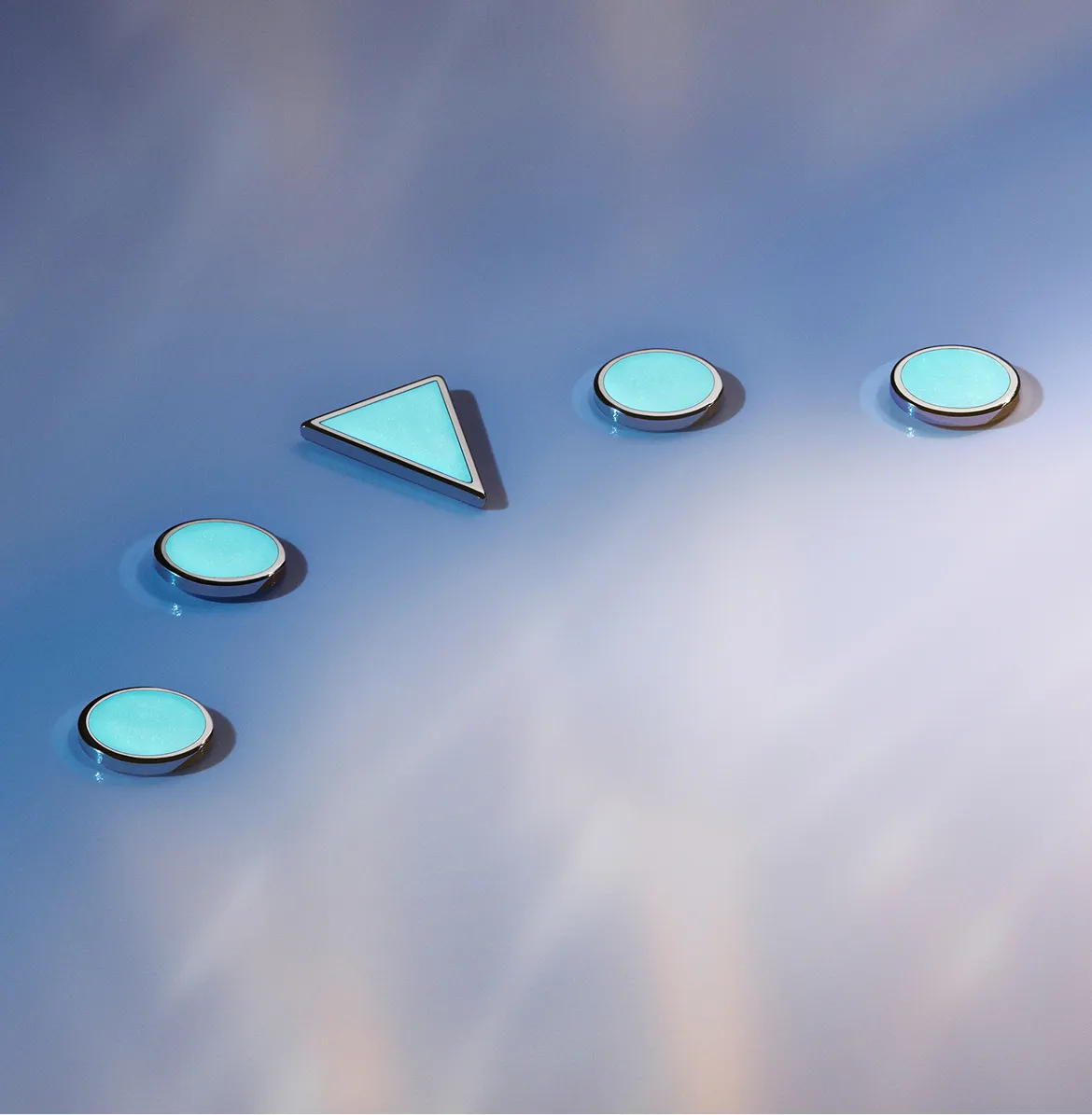 rolex-yacht-master-chromalight-portrait Blue gradient background with a turquoise triangle and five turquoise circular buttons arranged diagonally, like a control panel. (Abstract UI)