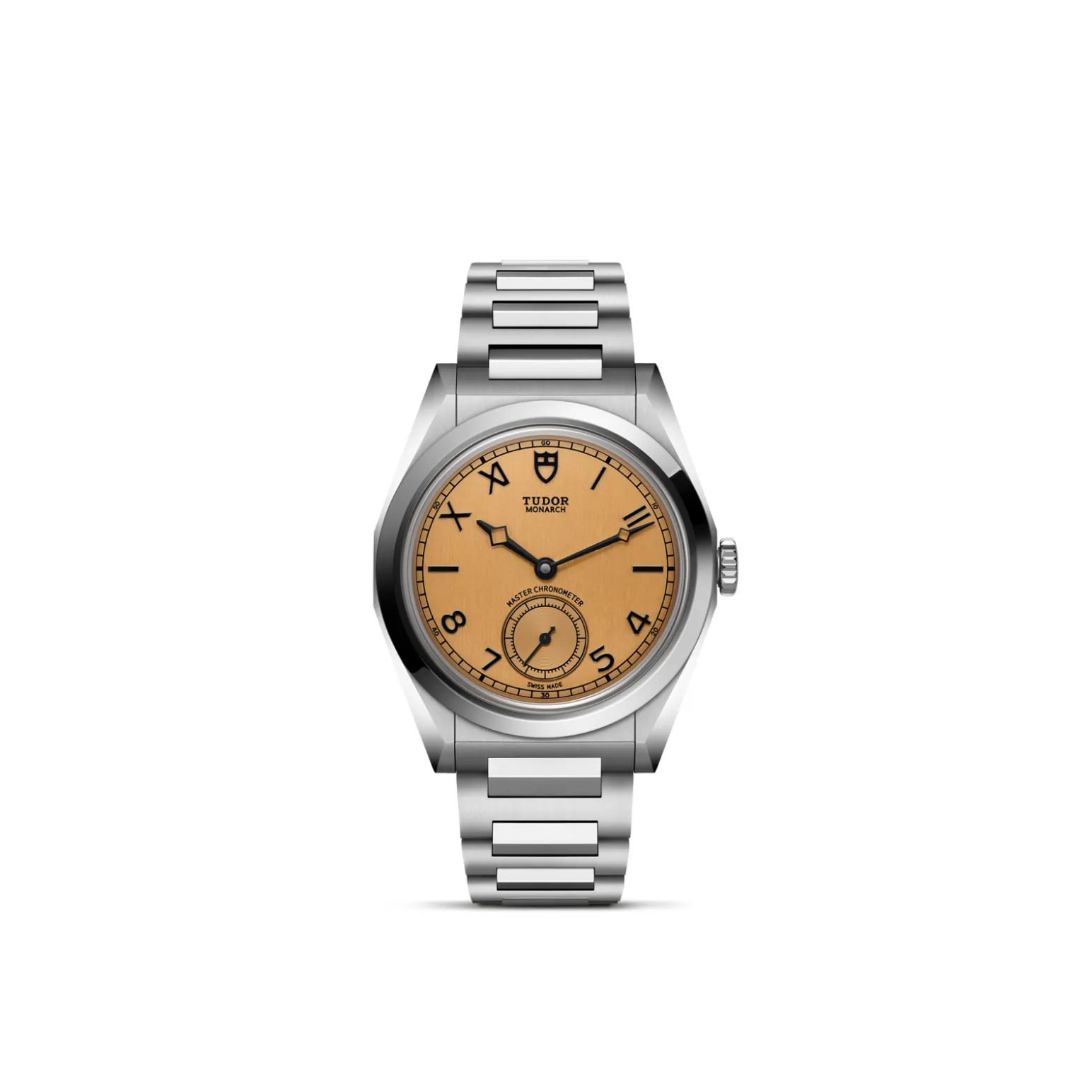 m2639w1a0u-0001-upright_watch_white_background-model_page | Brela Stainless steel Tudor Monarch wristwatch with an orange dial, black numerals, and a metal bracelet. | Brela
