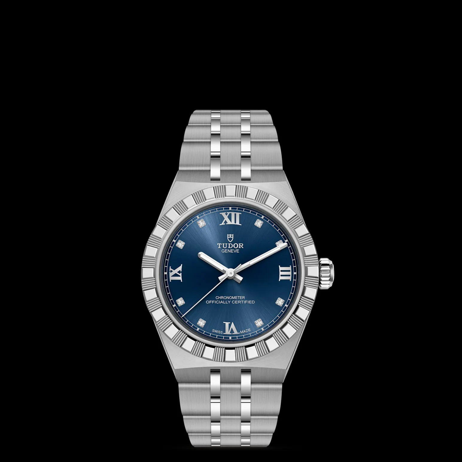 m2830a1a0-0001-upright_watch_black_background_zoomed_in | Brela Stainless steel Tudor wristwatch with a blue dial, diamond hour markers, and a brushed metal bracelet against a black background. | Brela