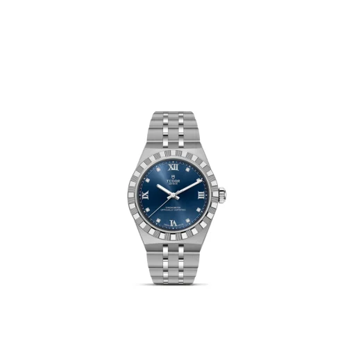 Tudor stainless steel wristwatch with a blue dial, diamond markers, and a brushed metal bracelet