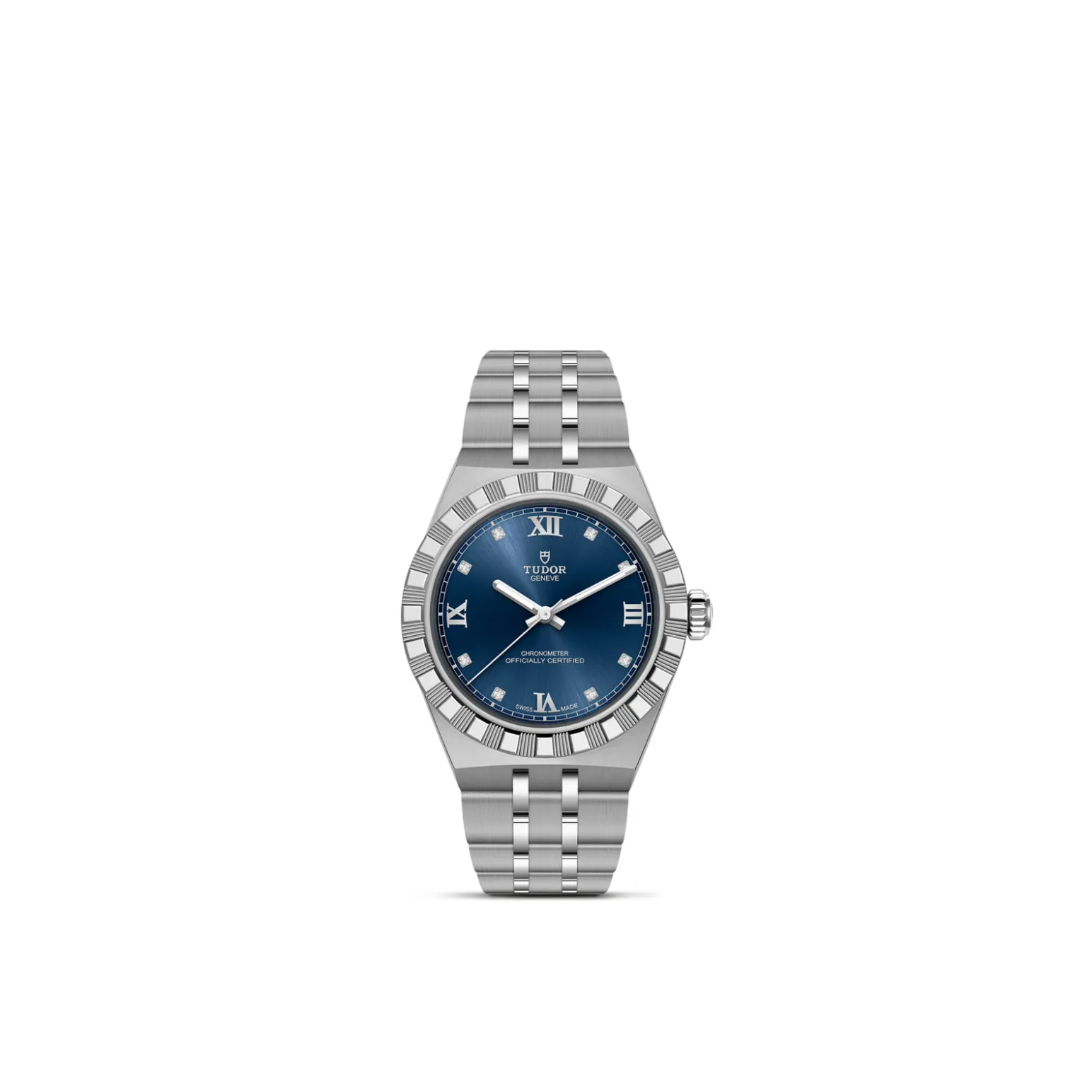 m2830a1a0-0001-upright_watch_white_background-model_page | Brela Tudor stainless steel wristwatch with a blue dial, diamond hour markers, and a polished silver bracelet. | Brela