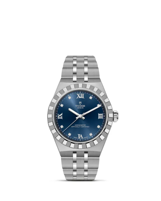 m2830a1a0-0001_upright-wh-std-grid | Brela | Brela Stainless steel Tudor wristwatch with a blue dial, diamond markers, Roman numerals at 3, 6, 9, 12, and a fluted bezel. | Brela | Brela