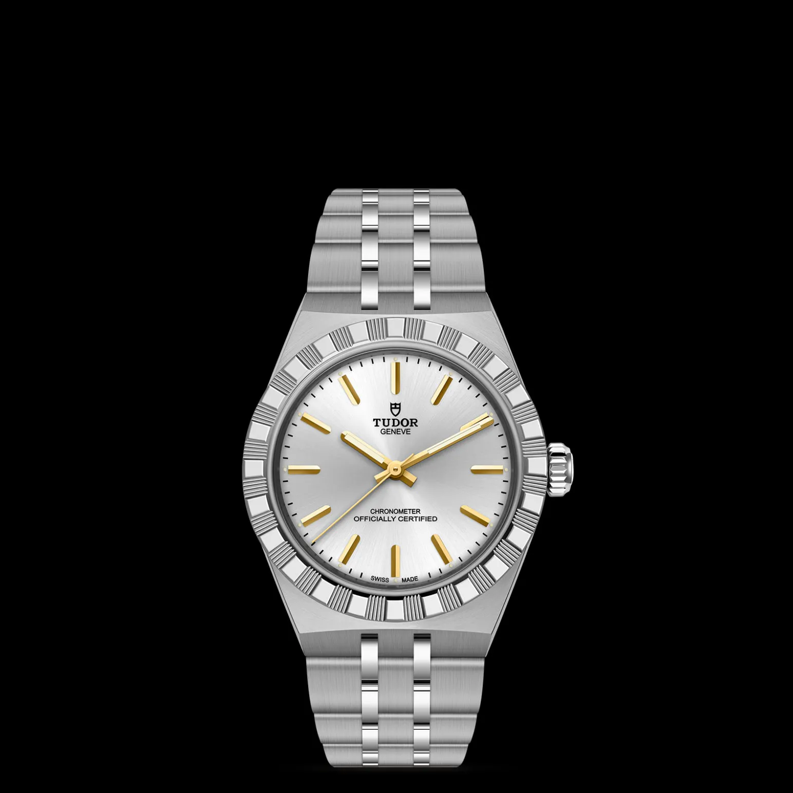 m2830a1a0-0002-upright_watch_black_background_zoomed_in | Brela Silver Tudor wristwatch with gold hour markers on a brushed metal bracelet against a black background, front view of dial and bezel | Brela