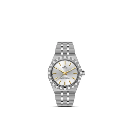 Stainless steel Tudor Genève wristwatch with a silver dial, gold-tone markers, and a fluted bezel.
