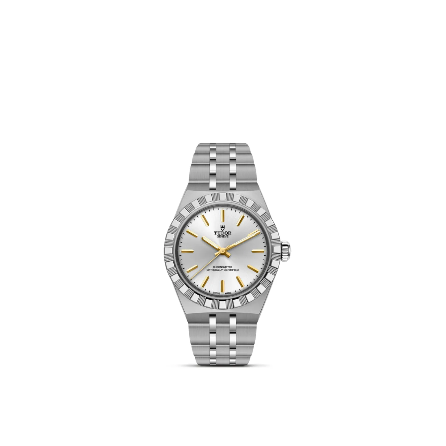 m2830a1a0-0002-upright_watch_white_background-model_page | Brela Tudor stainless steel wristwatch with a silver dial, gold-tone hands and hour markers | Brela