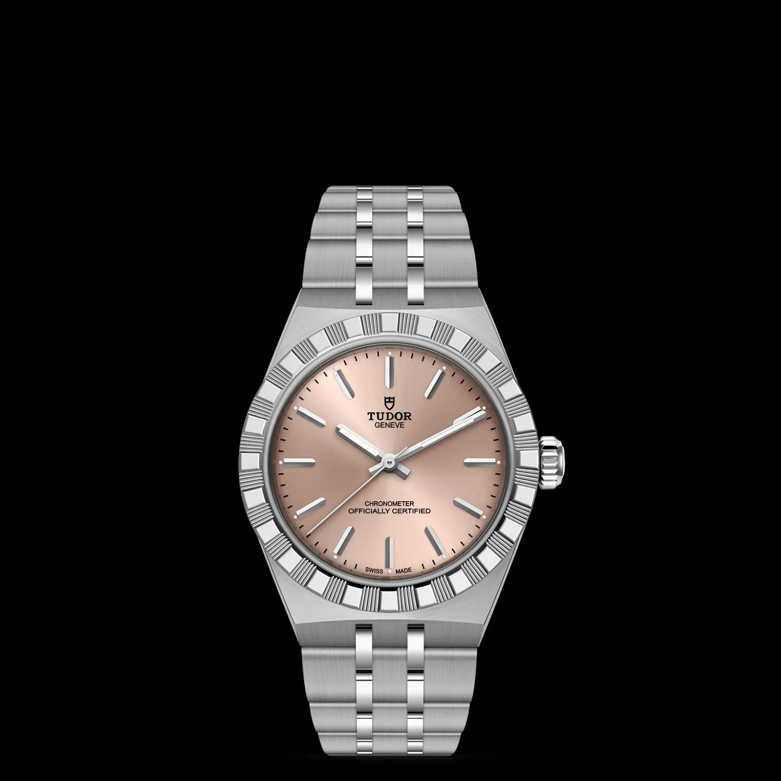 m2830a1a0-0003-upright_watch_black_background_zoomed_in | Brela Close-up of a silver Tudor wristwatch with a pink dial and brushed steel bracelet against a black background. | Brela