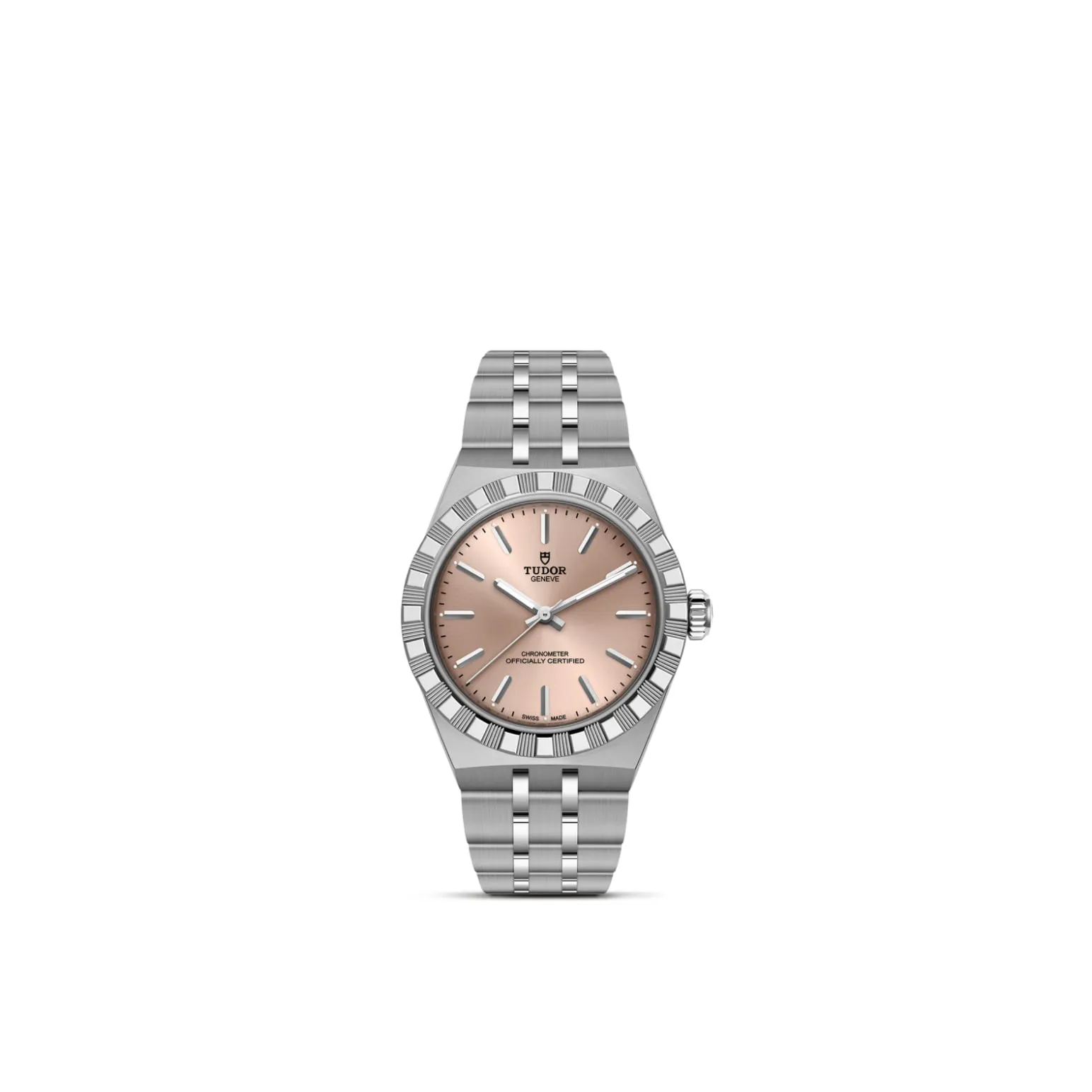 m2830a1a0-0003-upright_watch_white_background-model_page | Brela Silver-tone Tudor wristwatch with pink dial and brushed metal bracelet, showing time of day with index markers and dateless dial | Brela