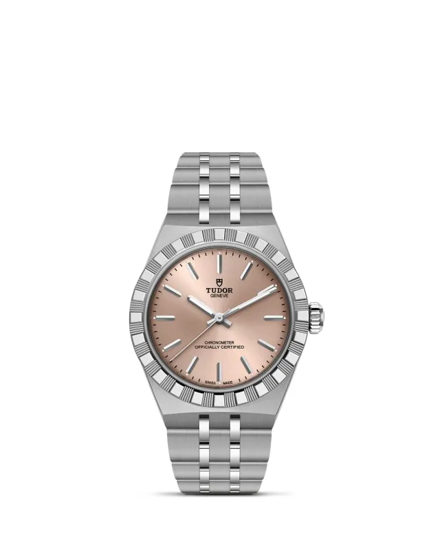 m2830a1a0-0003_upright-wh-std-grid | Brela | Brela Tudor wristwatch with silver bracelet and pink-beige dial, bezel, and crown detail, shown front-facing on white background. | Brela | Brela