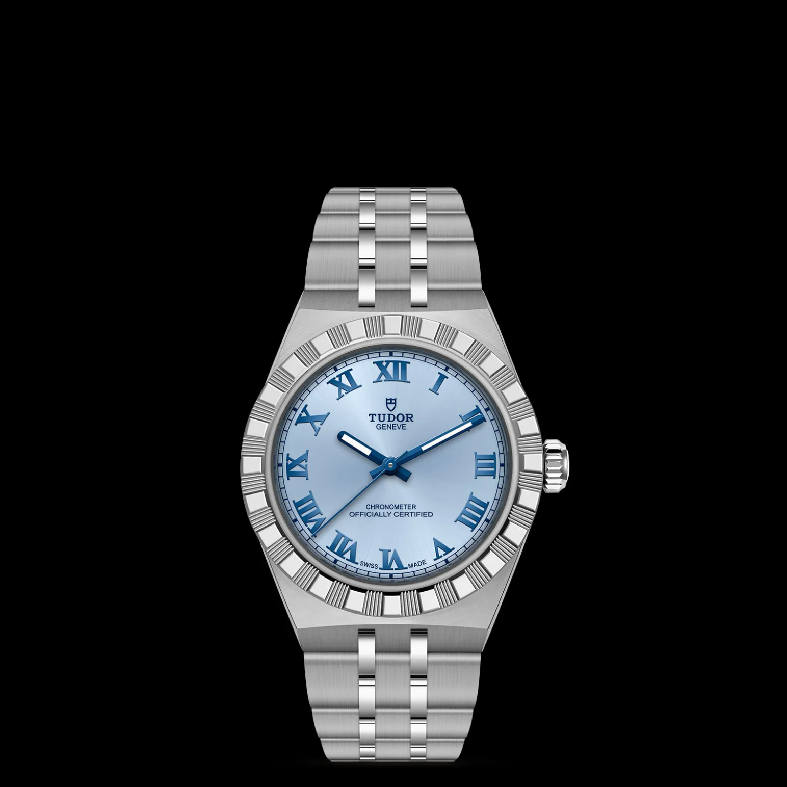 m2830a1a0-0004-upright_watch_black_background_zoomed_in | Brela Stainless steel Tudor wristwatch with a light blue dial, Roman numerals, and a brushed bracelet on a black background. | Brela