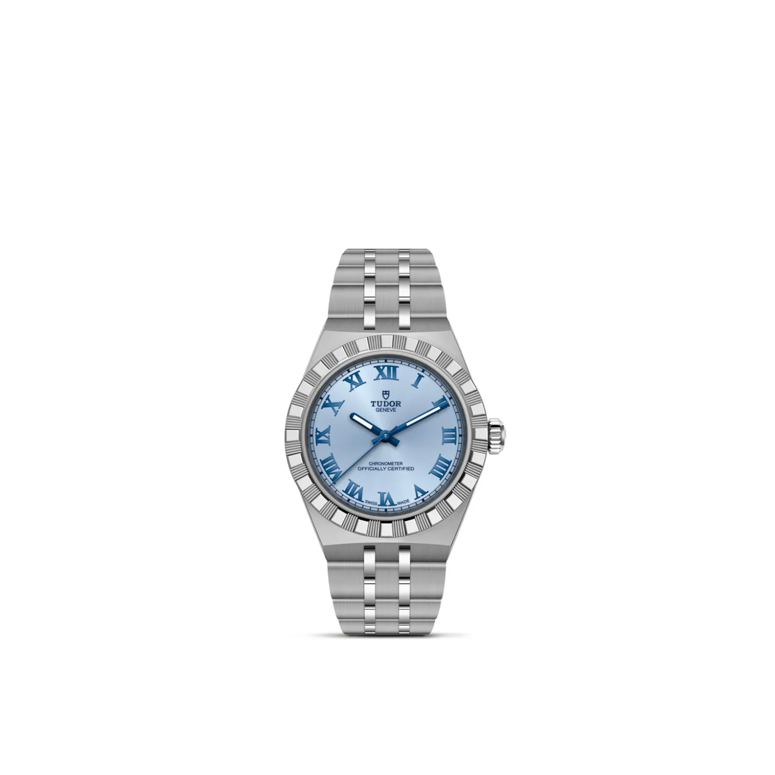 m2830a1a0-0004-upright_watch_white_background-model_page | Brela Stainless steel Tudor wristwatch with a light blue dial and Roman numeral hour markers on a metal bracelet far from eye level, front view. | Brela