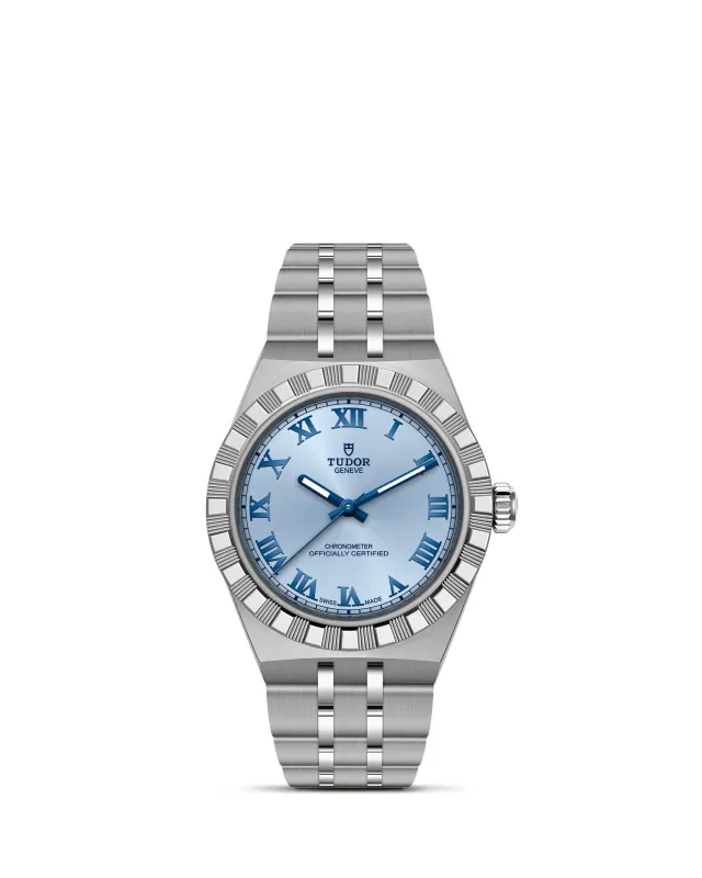 m2830a1a0-0004_upright-wh-std-grid | Brela | Brela Stainless steel Tudor wristwatch with a light blue dial and blue Roman numerals. | Brela | Brela