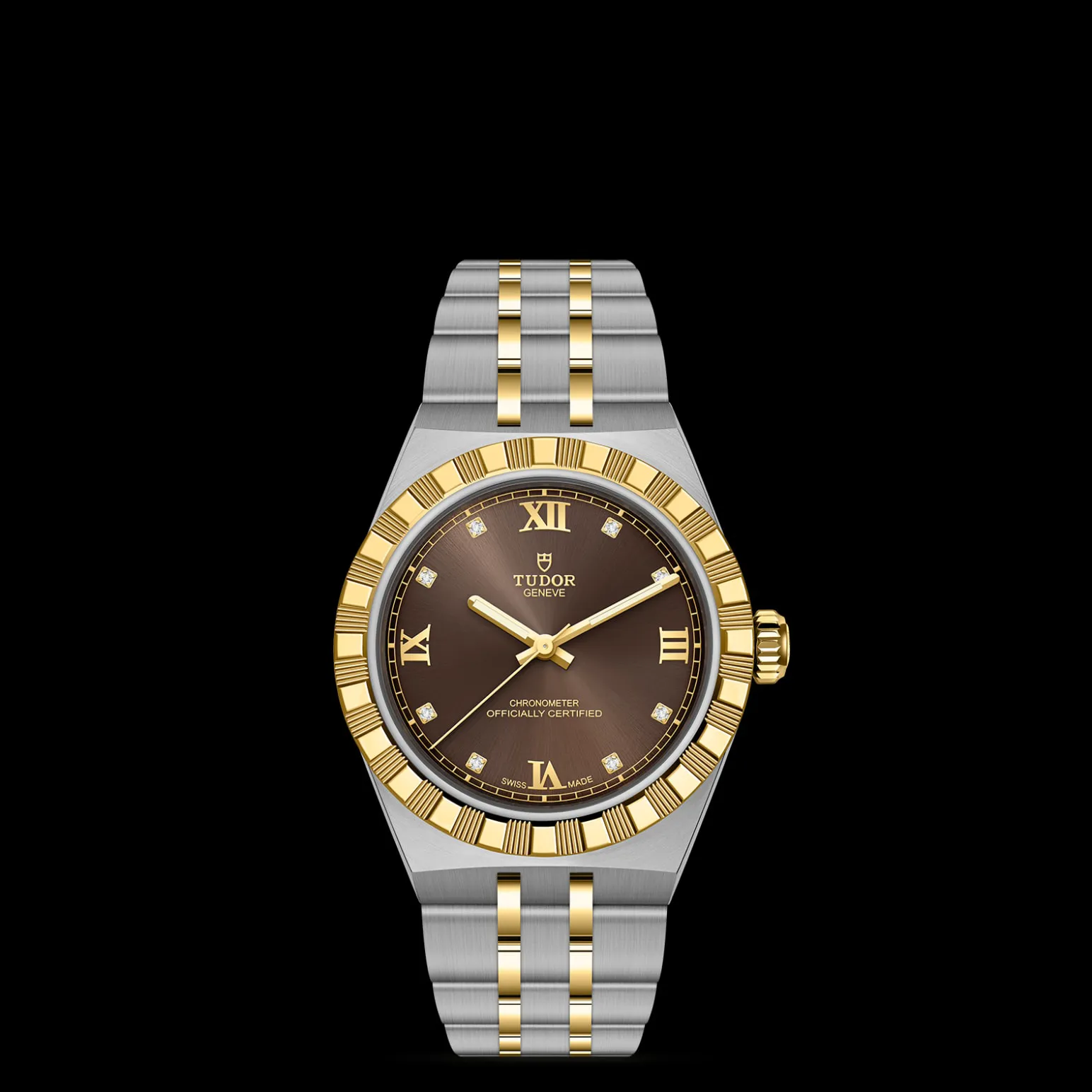 m2830a1a3-0001-upright_watch_black_background_zoomed_in | Brela Two-tone gold and stainless steel Tudor wristwatch with a brown dial and diamond hour markers on a black background. | Brela