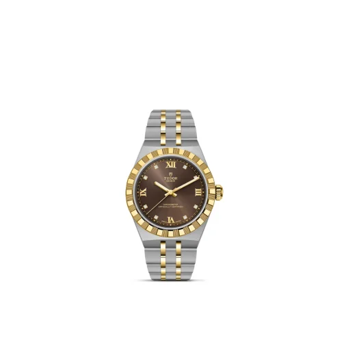Two-tone Tudor wristwatch with gold bezel and bracelet, brown dial, Roman numerals, and diamond markers