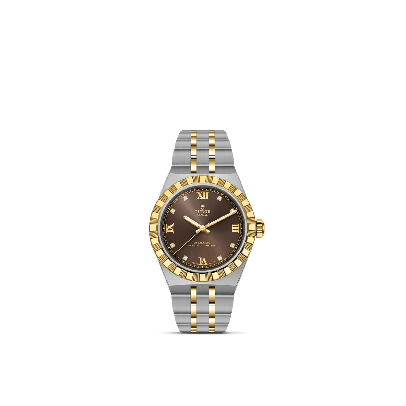 m2830a1a3-0001-upright_watch_white_background-model_page | Brela Two-tone gold and silver Tudor wristwatch with a brown dial and diamond hour markers on a gold bezel and bracelet edge. | Brela
