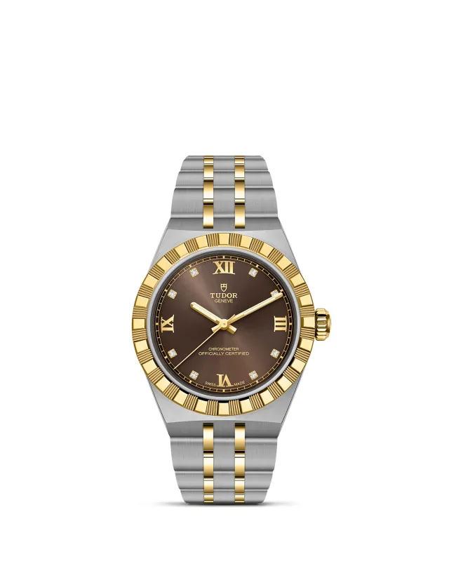 m2830a1a3-0001_upright-wh-std-grid | Brela | Brela Two-tone Tudor wristwatch with a brown dial, gold bezel, and diamond hour markers on a two-tone bracelet. | Brela | Brela
