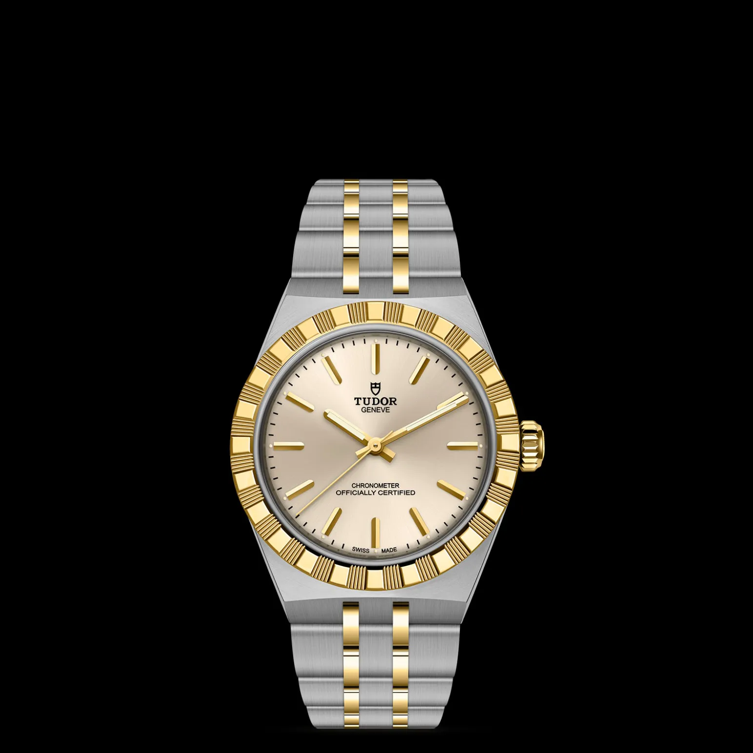 m2830a1a3-0003-upright_watch_black_background_zoomed_in | Brela Two-tone gold and steel Tudor wristwatch shown in close-up against a black background, focusing on the bezel and dial. | Brela