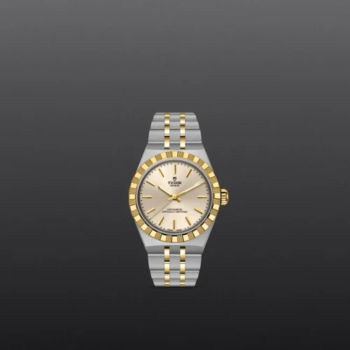 Two-tone Tudor wristwatch with gold bezel and silver bracelet against a dark background.