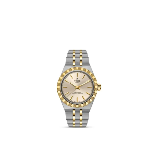 Two-tone Tudor wristwatch with a gold bezel and silver bracelet on a champagne dial