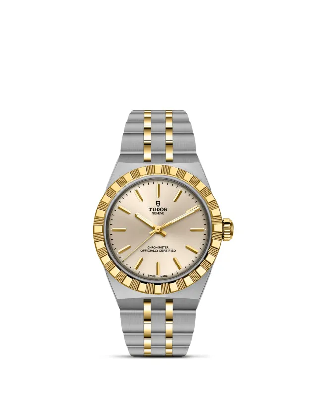 m2830a1a3-0003_upright-wh-std-grid | Brela | Brela Two-tone Tudor wristwatch with a gold bezel and stainless steel bracelet on a white background on display | Brela | Brela