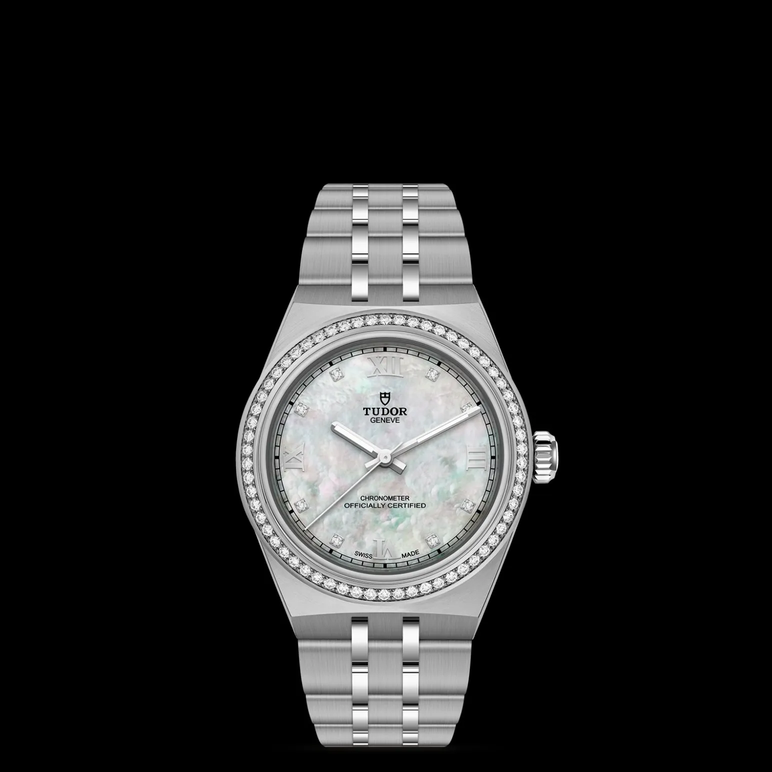 m2830a1s0-0001-upright_watch_black_background_zoomed_in | Brela Close-up of a silver Tudor Genève luxury wristwatch with a diamond-studded bezel and mother-of-pearl dial on a black background. | Brela