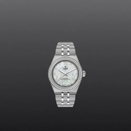 Silver Tudor wristwatch with diamond-studded bezel and mother-of-pearl dial, centered on a dark gradient background