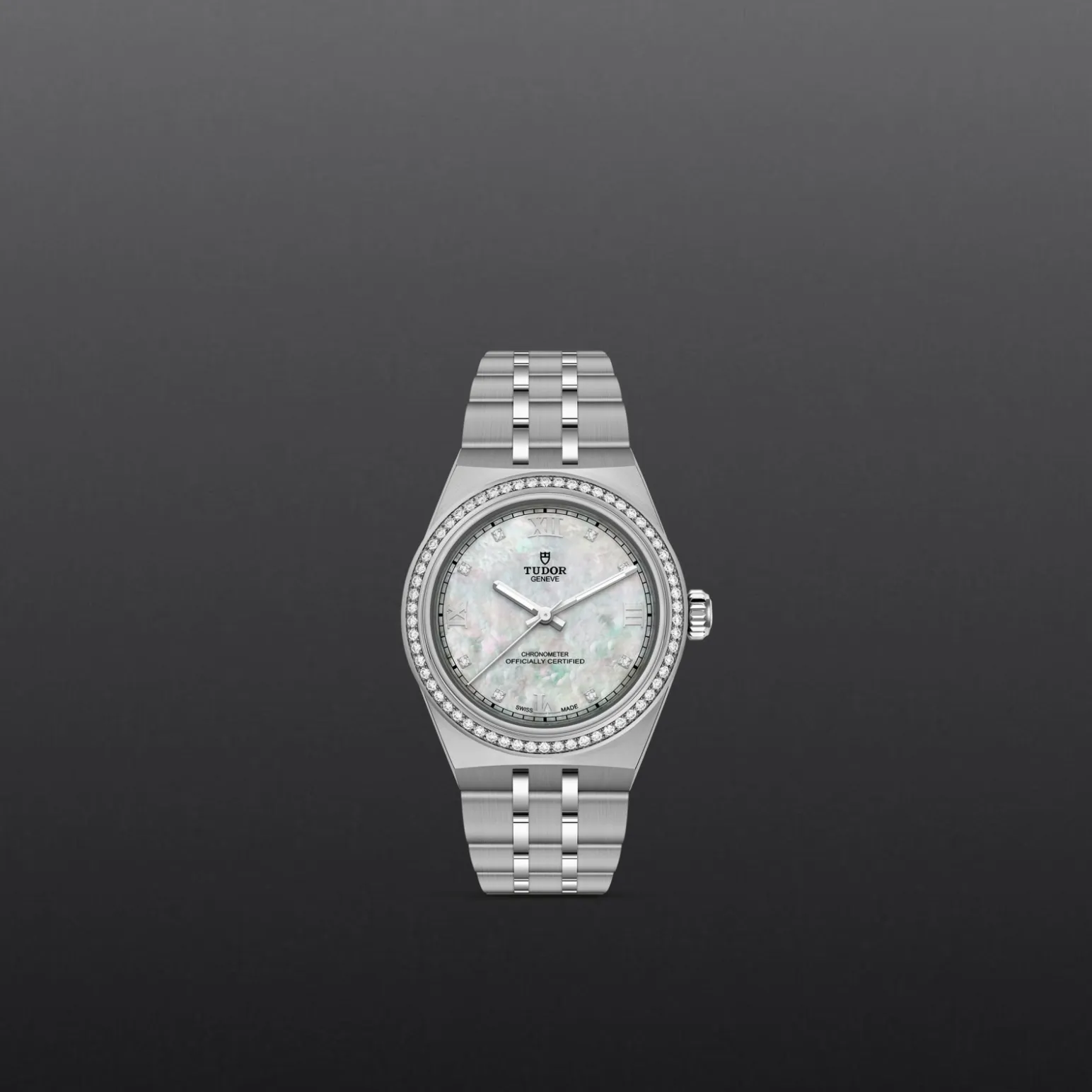 m2830a1s0-0001-upright_watch_grey_background-model_page_only_standard_size | Brela Silver Tudor wristwatch with diamond bezel and mother-of-pearl dial, centered on a dark gradient background. | Brela
