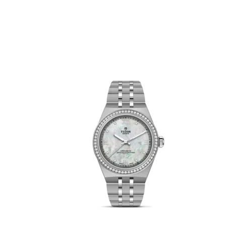 Tudor stainless steel women's watch with a diamond-studded bezel and mother-of-pearl dial on a metal bracelet