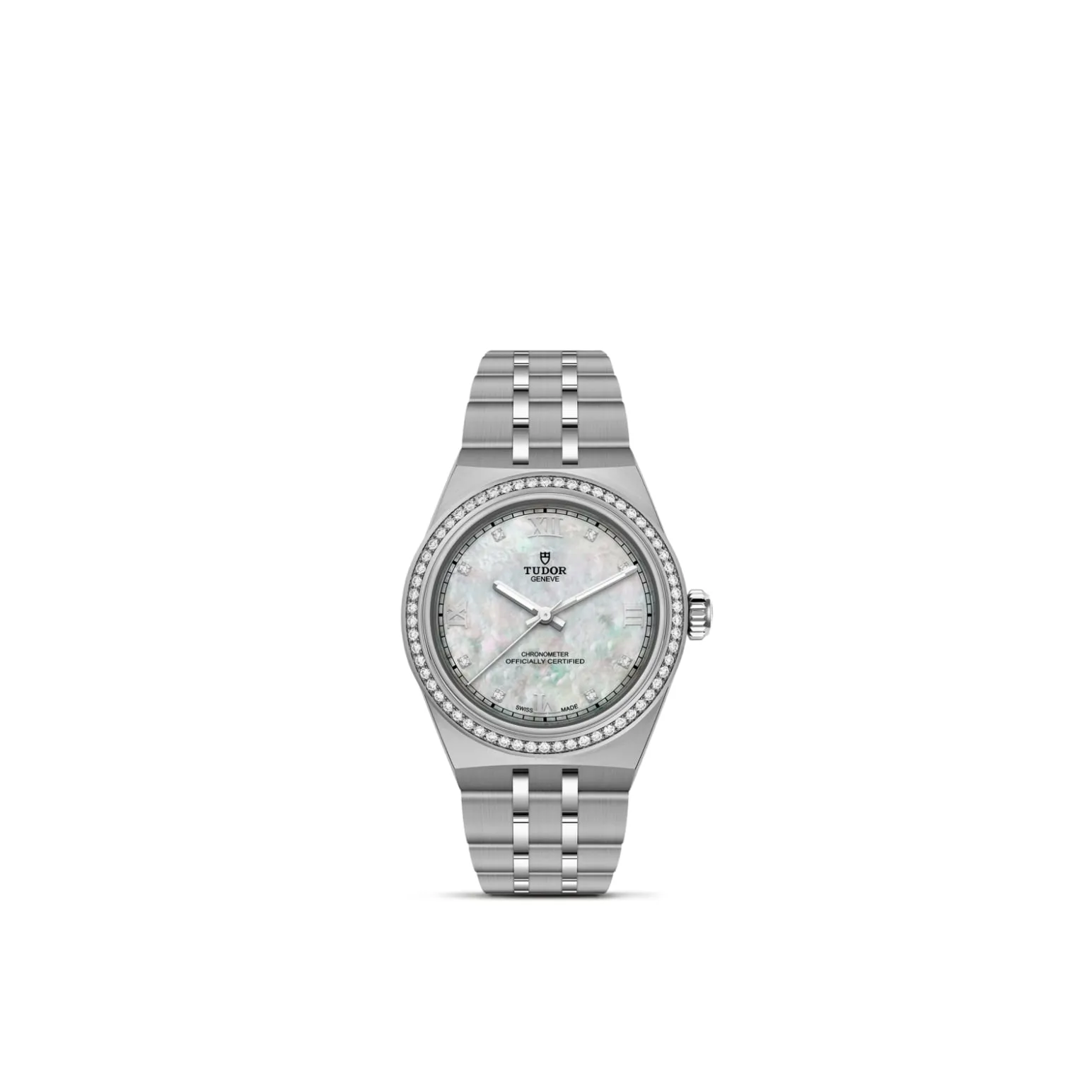 m2830a1s0-0001-upright_watch_white_background-model_page | Brela Stainless steel Tudor wristwatch with a diamond-studded bezel and a mother-of-pearl dial, shown from the front with a linked bracelet. | Brela