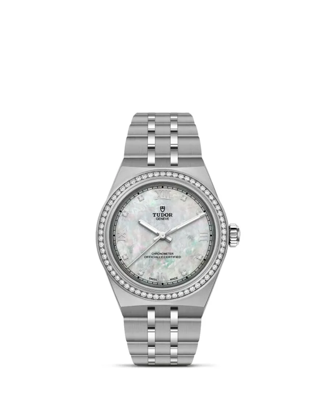 m2830a1s0-0001_upright-wh-std-grid | Brela | Brela Silver Tudor wristwatch with diamond-studded bezel and mother-of-pearl dial on stainless bracelet | Brela | Brela