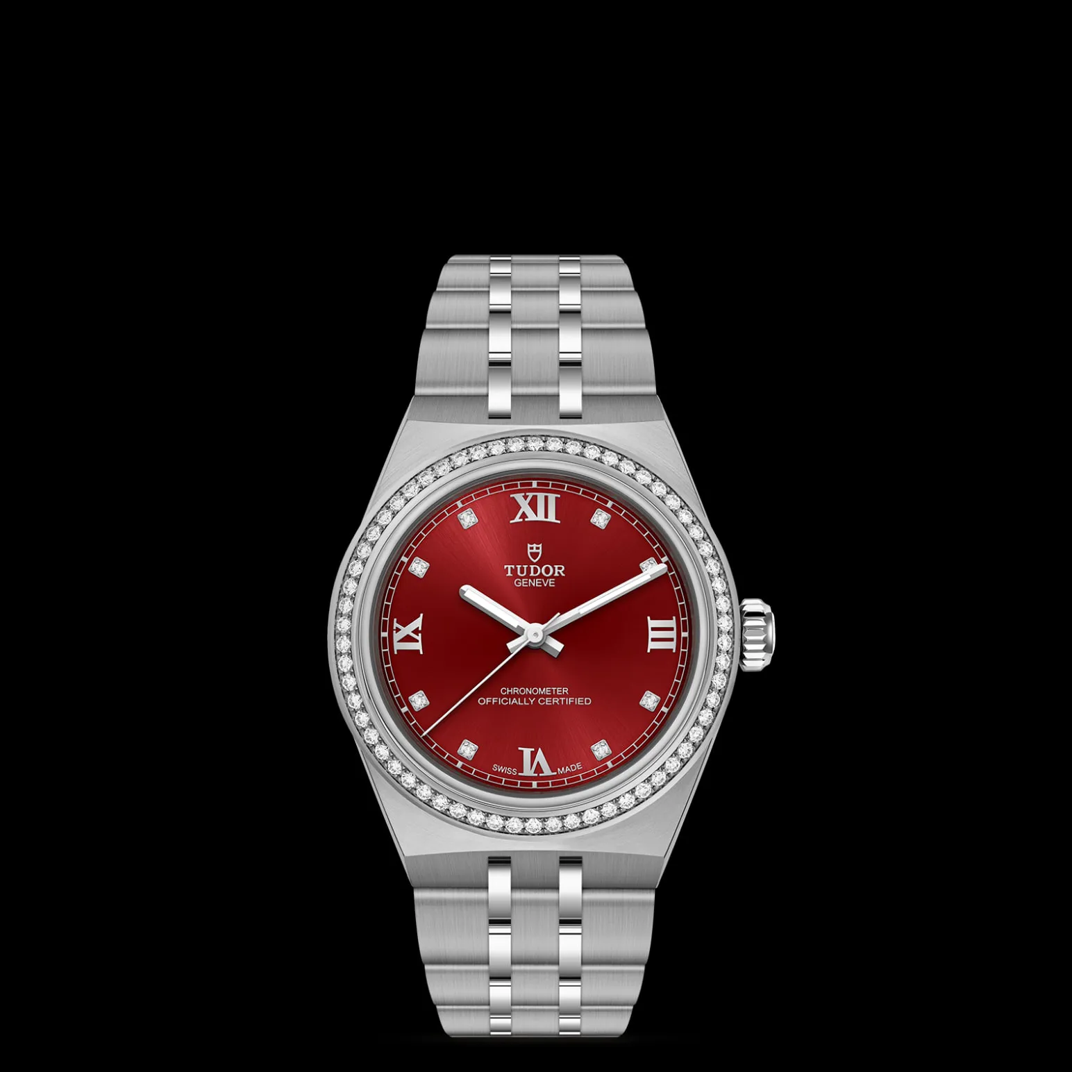 m2830a1s0-0002-upright_watch_black_background_zoomed_in | Brela Luxury Tudor wristwatch with a red dial, diamond-studded bezel, and stainless steel bracelet clearly displayed against a black background. | Brela