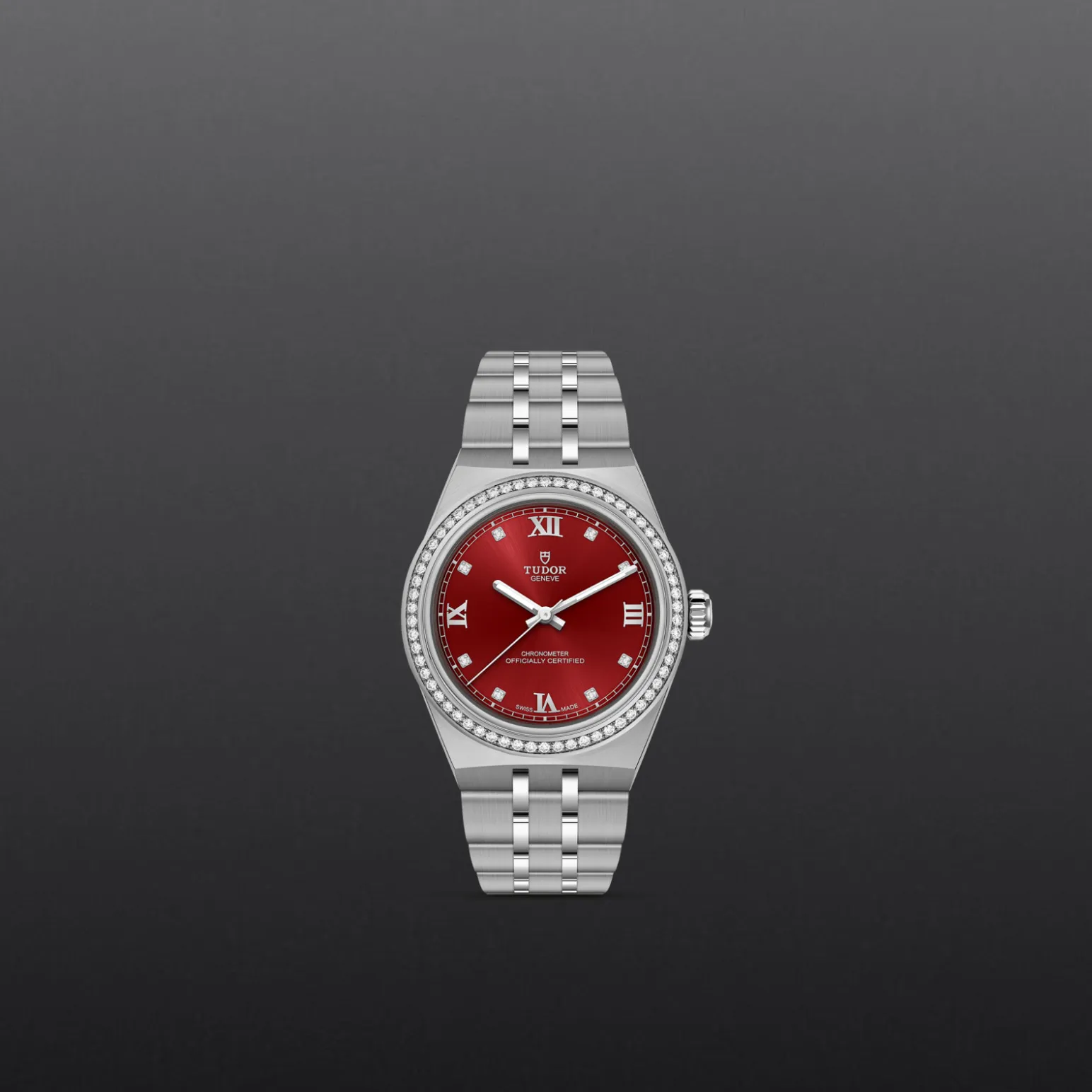 m2830a1s0-0002-upright_watch_grey_background-model_page_only_standard_size | Brela Silver wristwatch with a red dial and diamond-studded bezel on a dark gradient background. | Brela