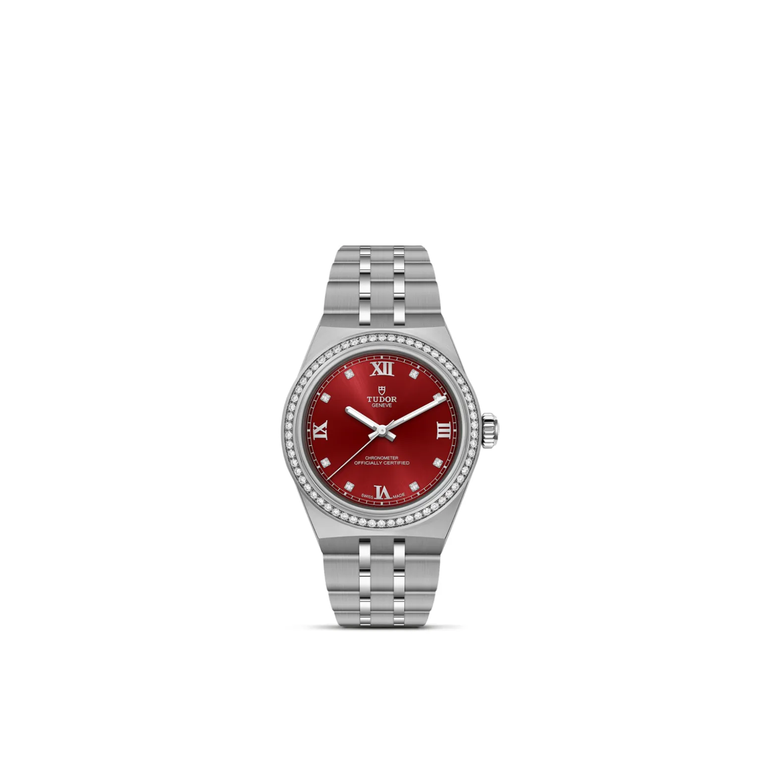 m2830a1s0-0002-upright_watch_white_background-model_page | Brela Stainless steel Tudor wristwatch with a red dial, diamond bezel, and linked bracelet. | Brela