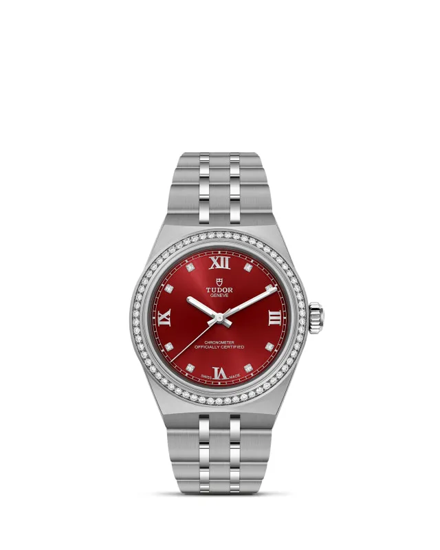 m2830a1s0-0002_upright-wh-std-grid | Brela | Brela Stainless steel Tudor wristwatch with red dial and diamond-studded bezel on a white background | Brela | Brela
